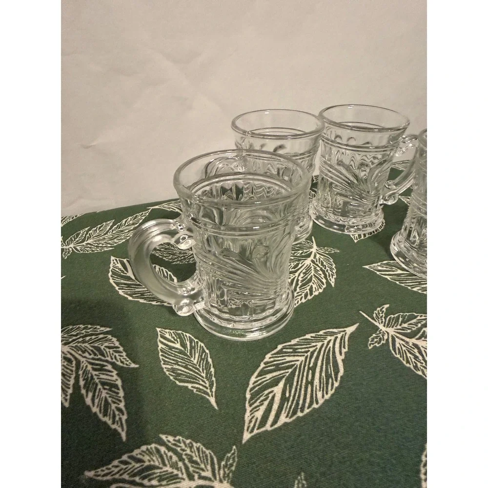 Vintage Clear Pressed Glass Shot Mugs Set of 4 Scroll Leaf Pattern Mini Tankards
